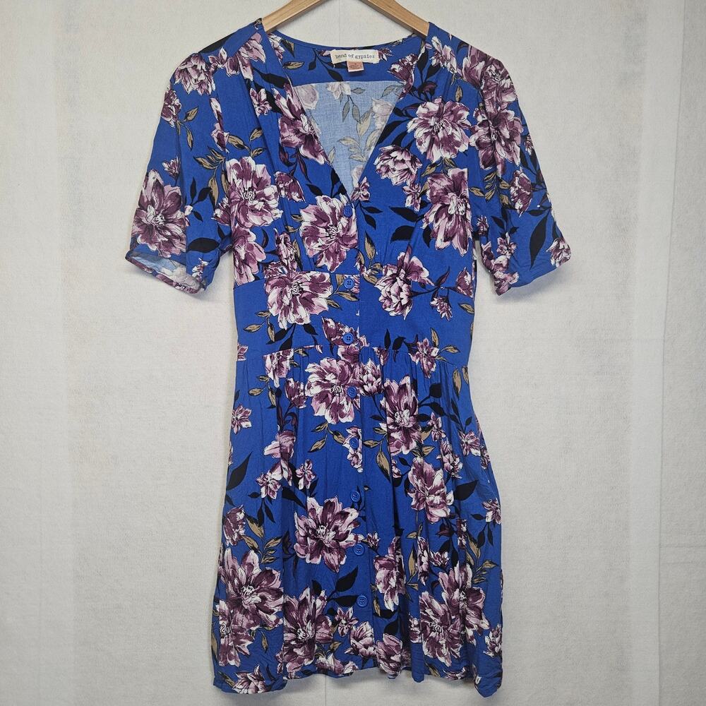 Band of Gypsies Blue Floral V-Neck Mini Dress Medium Purple Lily Print Boho